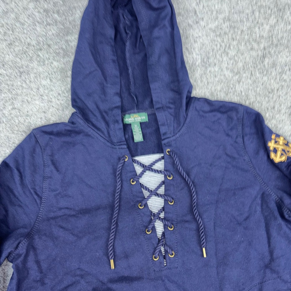 Lauren Ralph Lauren Hoodie Womens Medium Navy Blue Nautical Lace Up Anchor Logo